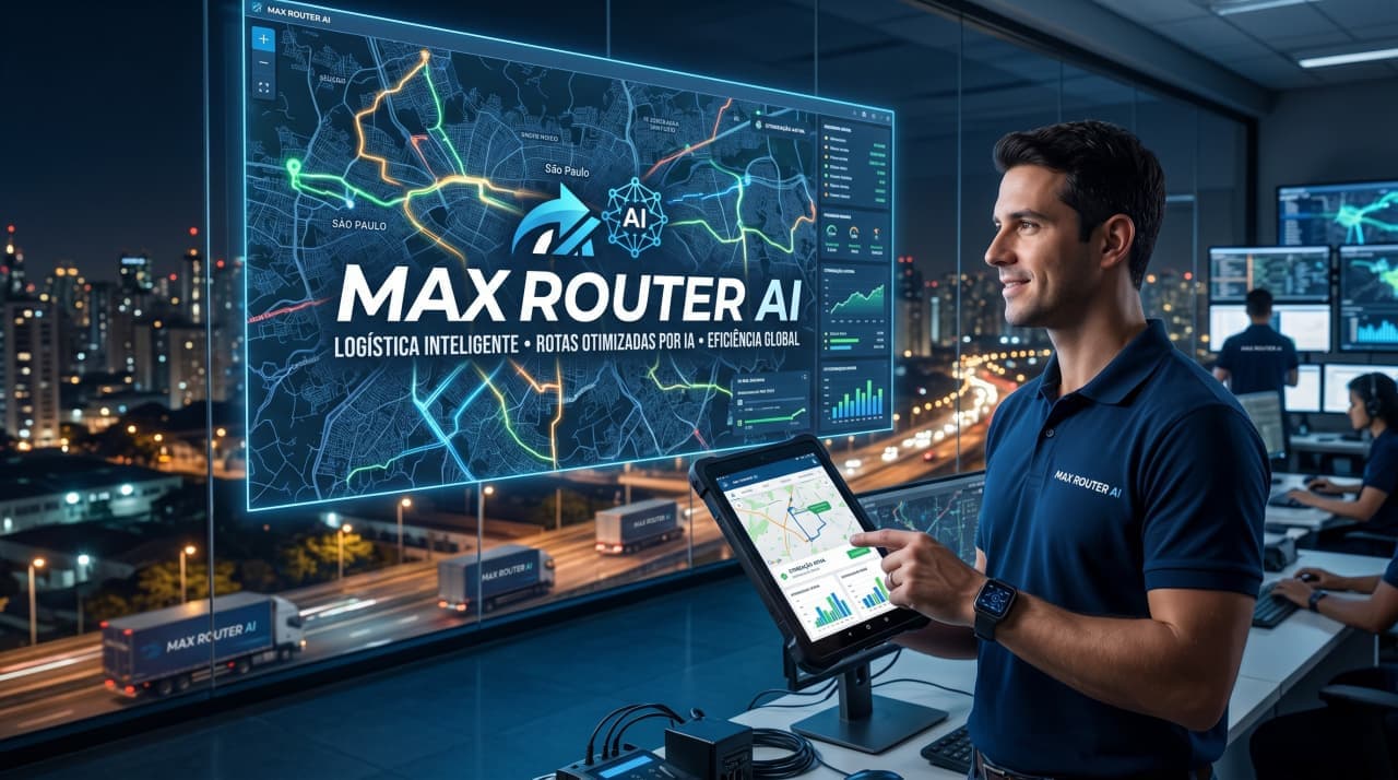 Software de roteirização de entregas MaxRouter AI exibindo otimização de rotas e previsão de horários